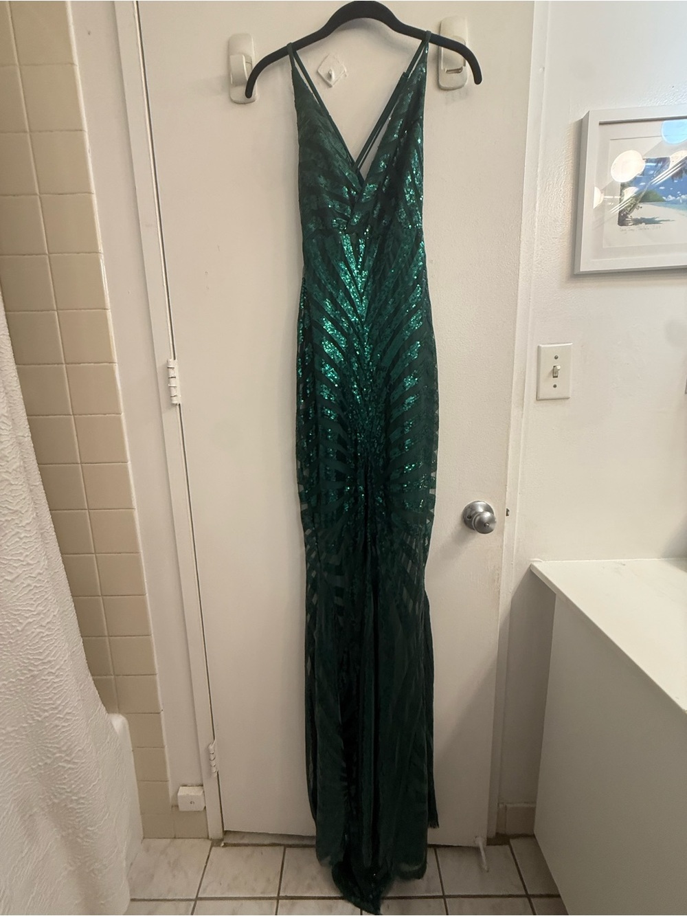 Emerald Green Sequin V-Neck Fishtail Evening Gown-size 4